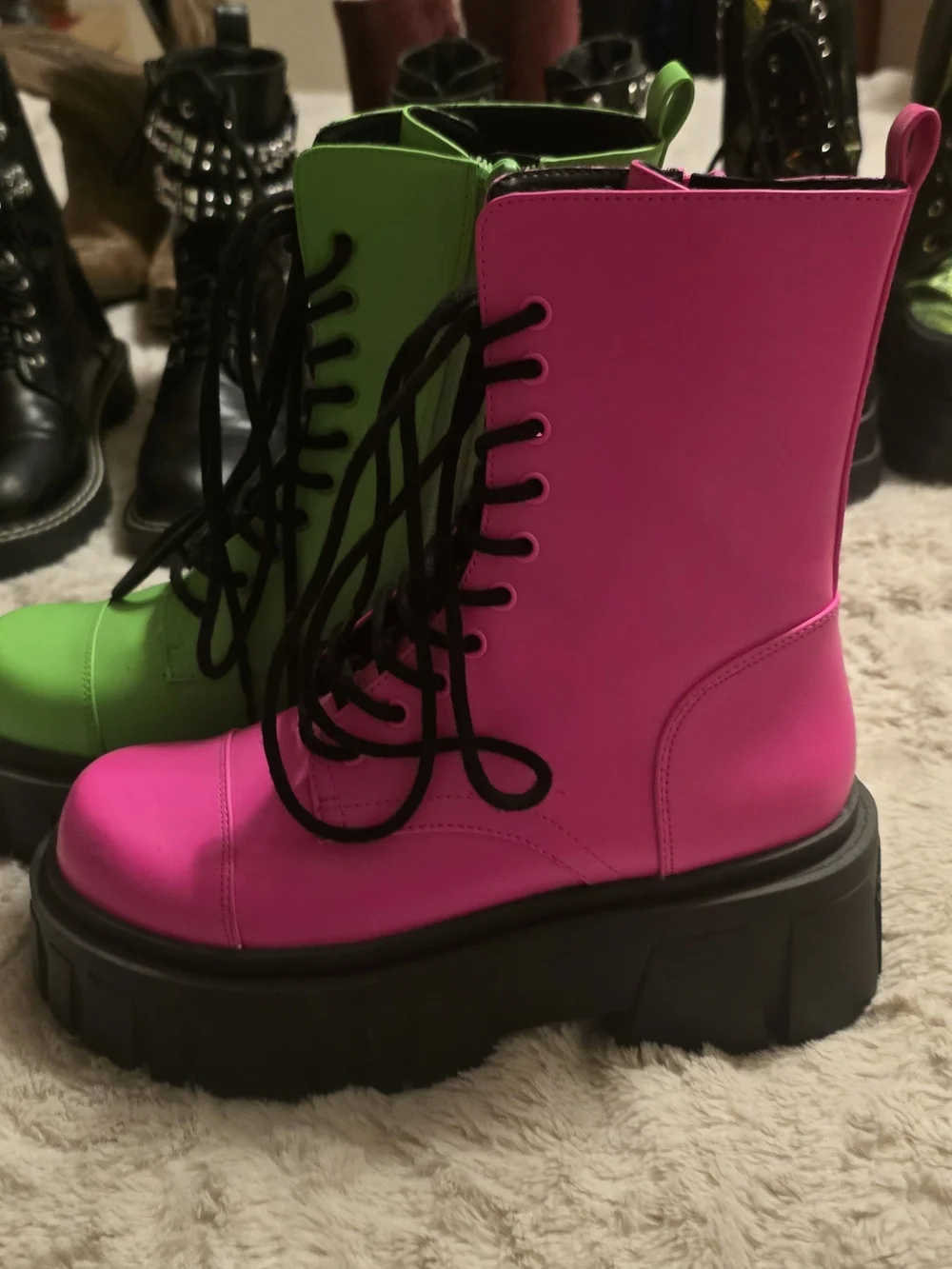 Neon Green & Hot Pink Platform Combat Boots - Women's Lace-Up - Picture 9 of 9
